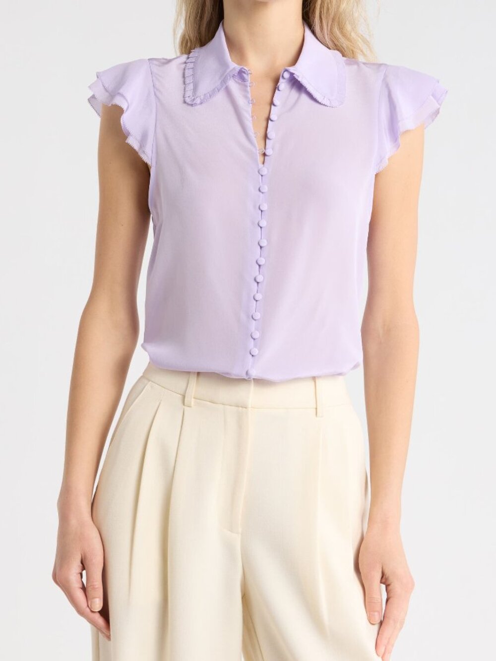 NWT ALICE + OLIVIA Martel Flutter Sleeve 100% Silk Top Lavender XS